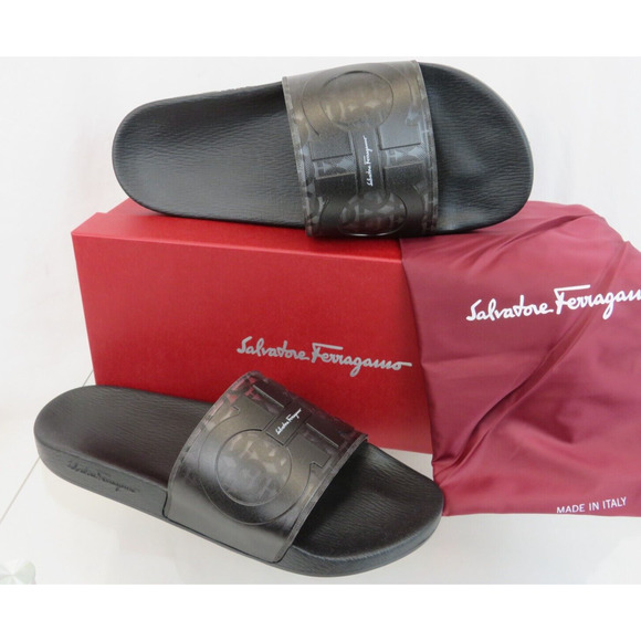 NIB FERRAGAMO GROOVE 5 TRANSPARENT BLACK RUBBER GANCINI LOGO SANDALS SLIDES 8 M main image 10